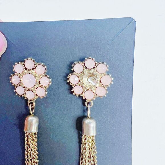 Pink Flower Earrings Gold Tassel Dangling Boho Chic - Picture 4 of 4